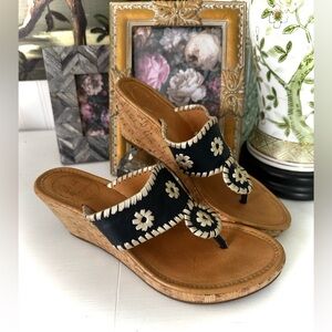 Jack Rogers Marbella Leather Cork Wedge Thong Sandals Blue and Gold